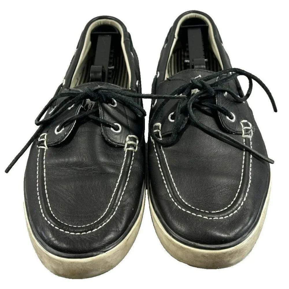 Polo Ralph Lauren Men's Boat Shoes 10 Navy Blue Pony Sander Tie Slip On Canvas